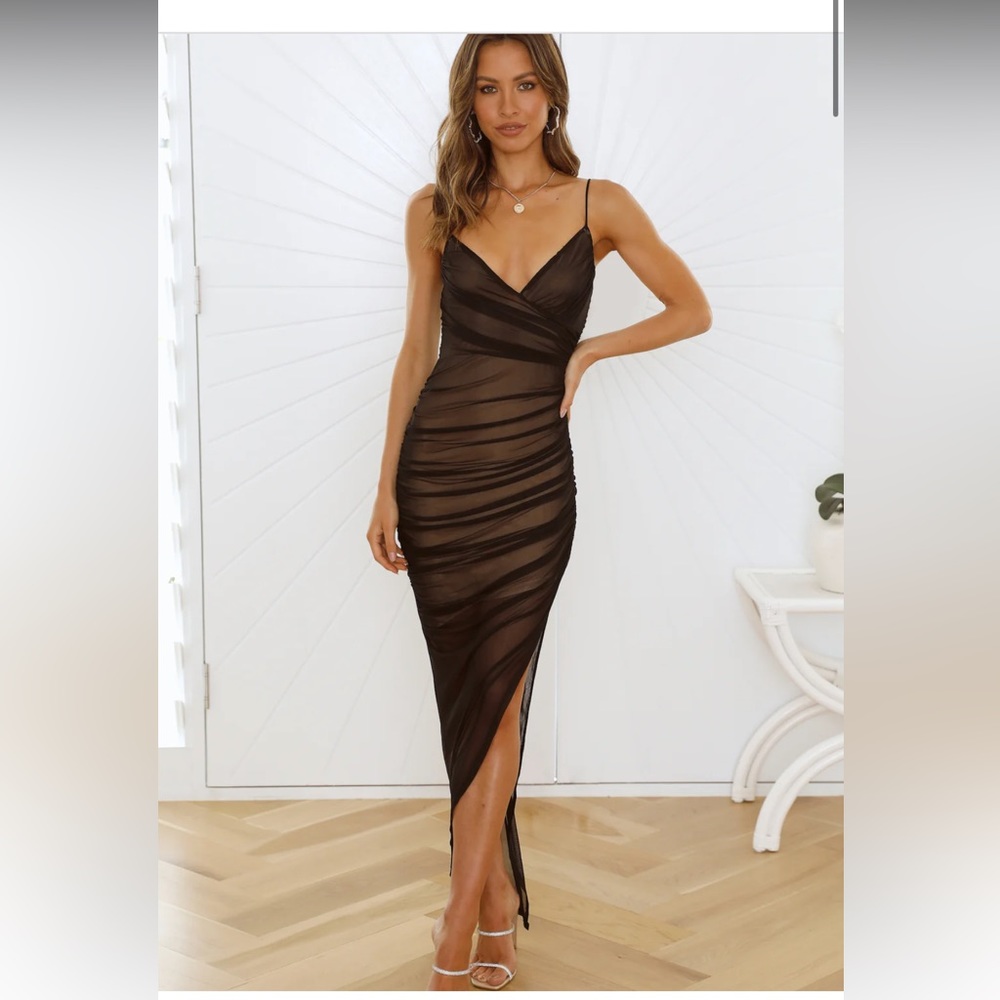 Hello Molly Black Ruched Mesh Slip Midi Dress